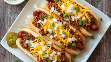 Loaded Crockpot Chili Cheese Dogs