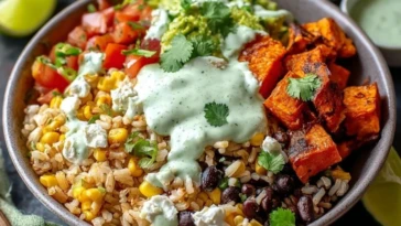 Black Bean and Rice Bowl with Cilantro Lime Yogurt Sauce