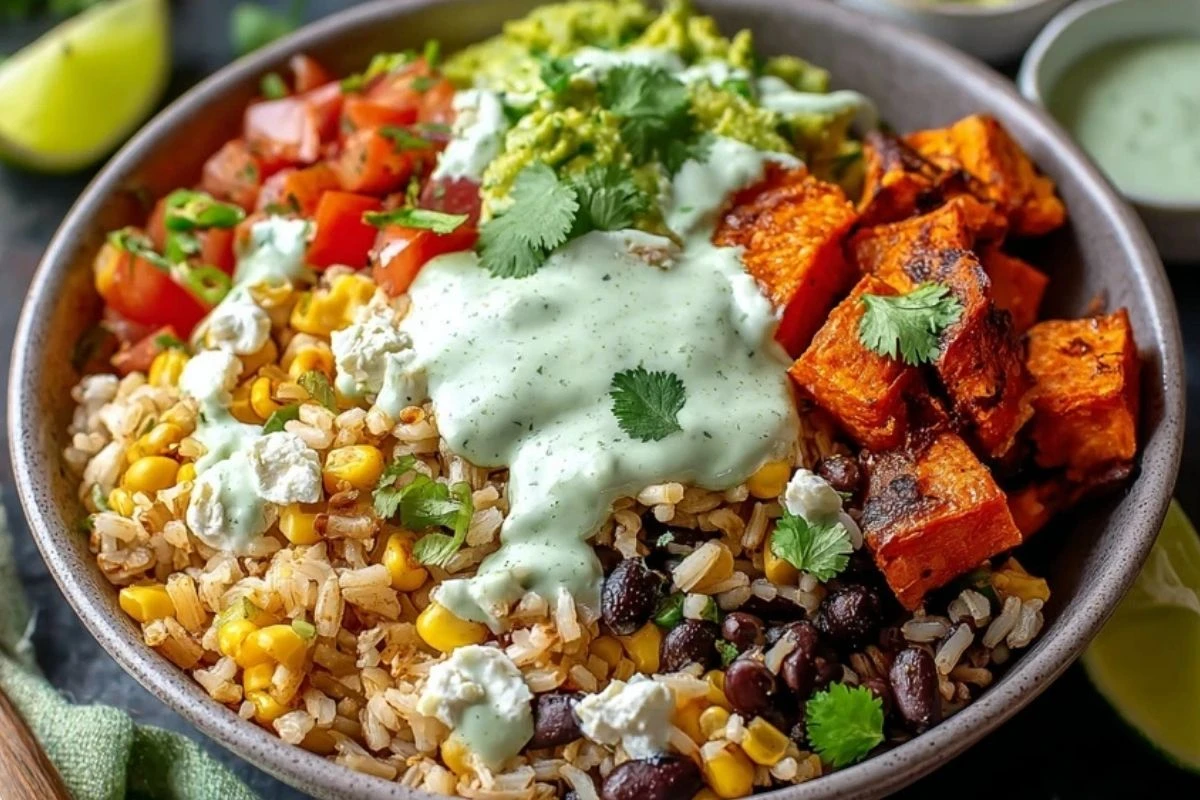 Black Bean and Rice Bowl with Cilantro Lime Yogurt Sauce